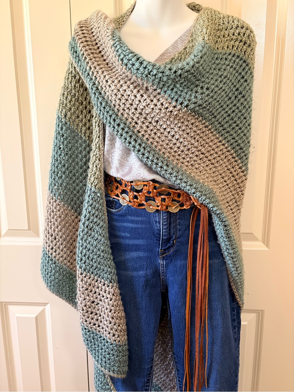 Homemade  Striped crochet Knit Wrap  in Sage and Taupe, boho country style